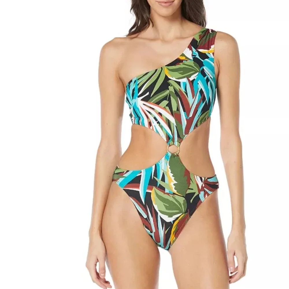 Vince Camuto Monokini Swimsuit Womens 10 Multi Tropical One Shoulder Cutout NWT